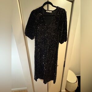 Zara Black Sequin Midi Dress with V-Neck